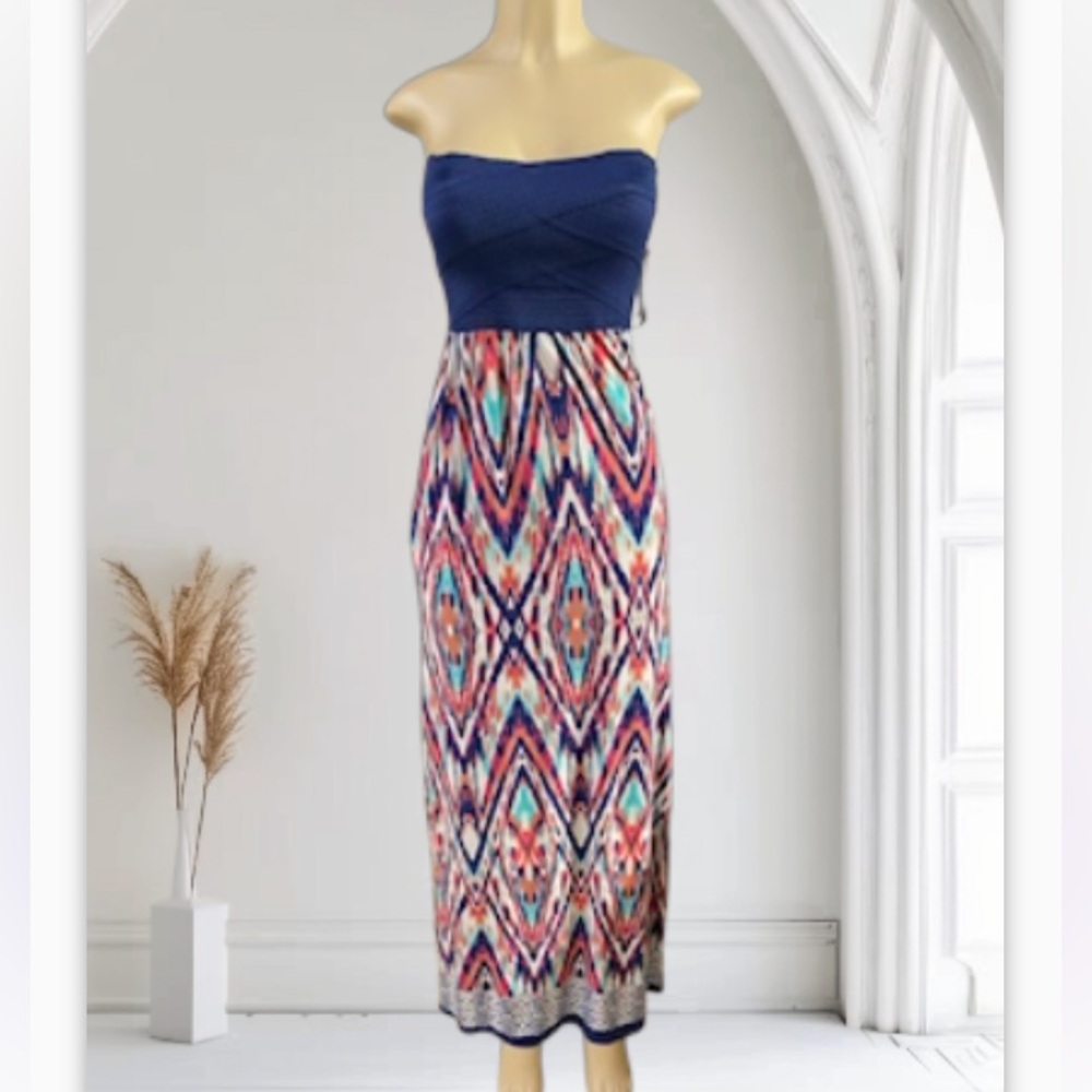 Strapless Navy and Multi-Color Maxi Dress